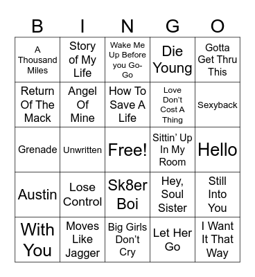 Pop Hits Bingo Card