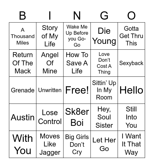 Pop Hits Bingo Card