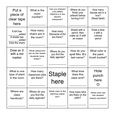 ART ROOM Scavenger Hunt Bingo Card