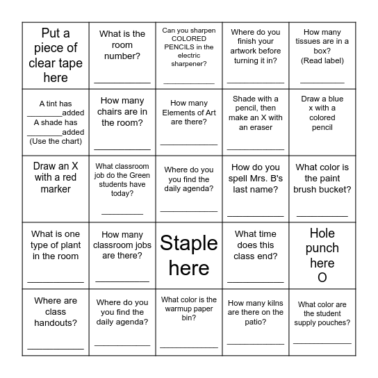 ART ROOM Scavenger Hunt Bingo Card
