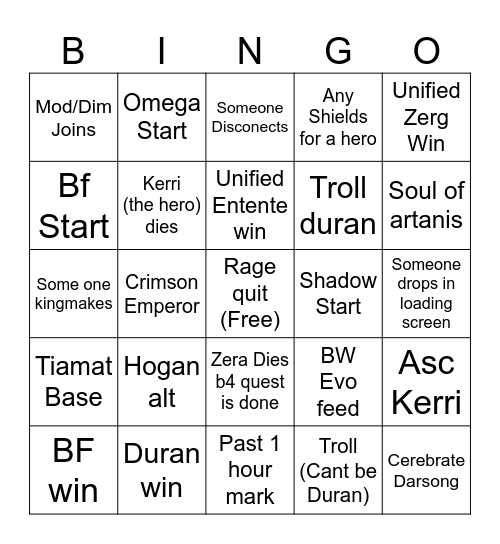 Kerrigans demise Bingo Card