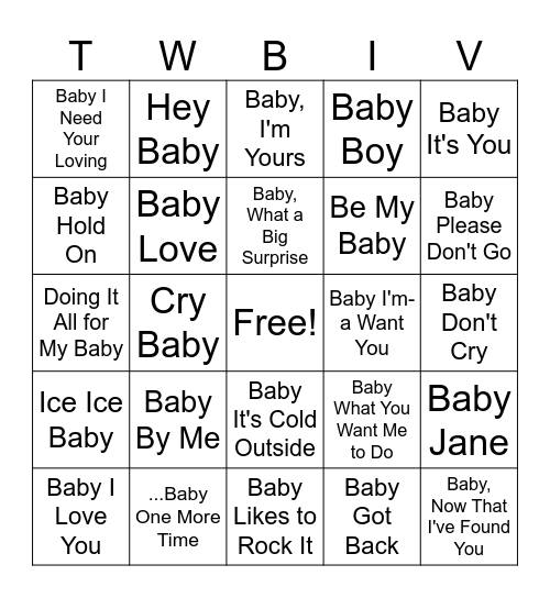 "BABY" SONG BINGO Card
