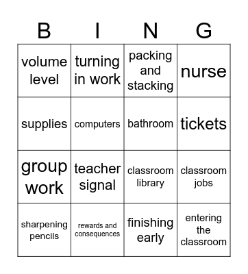 First Week of School Procedures Bingo Card
