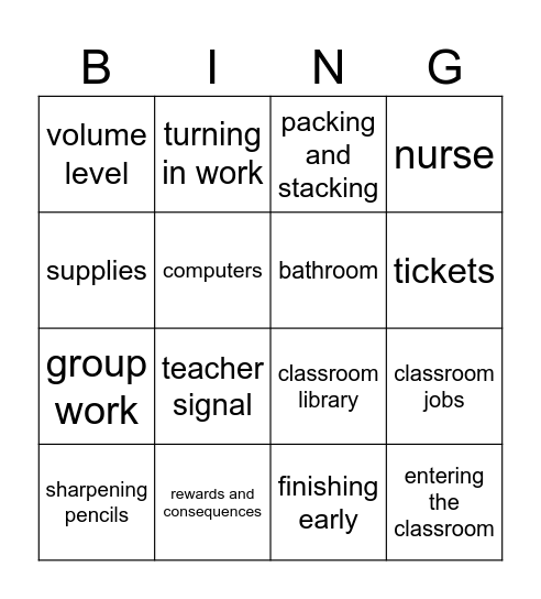 First Week of School Procedures Bingo Card