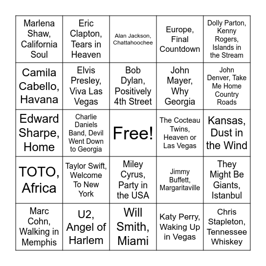 Round 1: Places Bingo Card