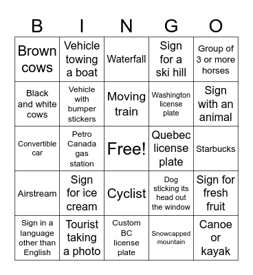 Alberta to BC Roadtrip Bingo Card