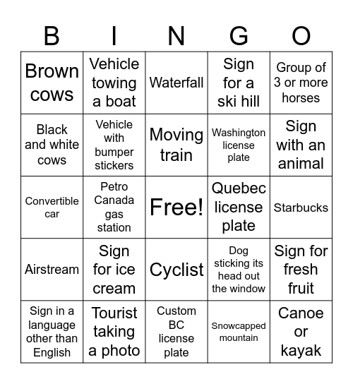 Alberta to BC Roadtrip Bingo Card