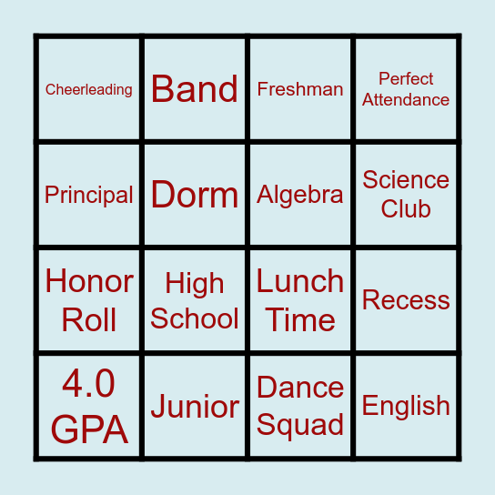 Back to School Bingo Card