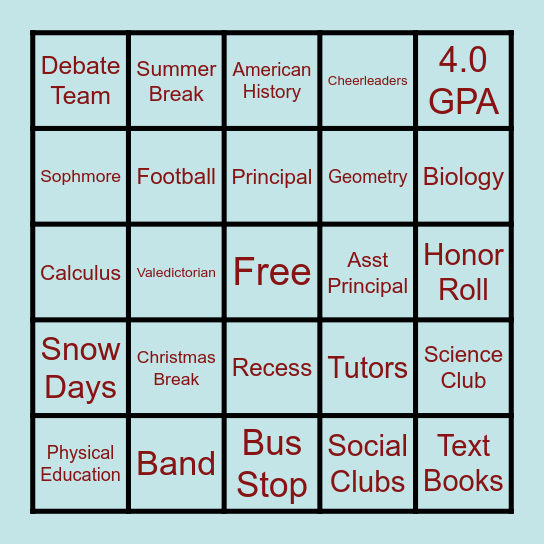 Back to School Bingo Card