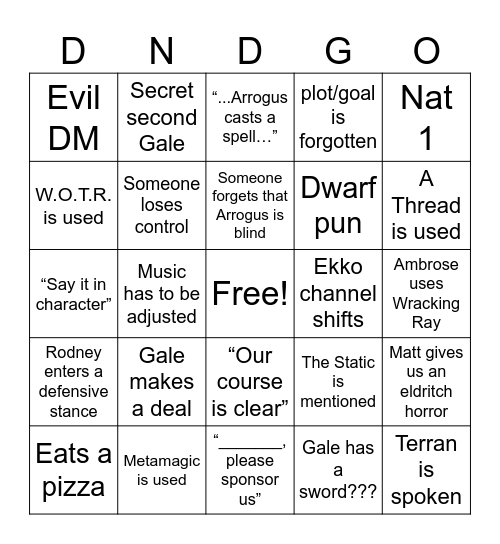 Season 5 Bingo Card