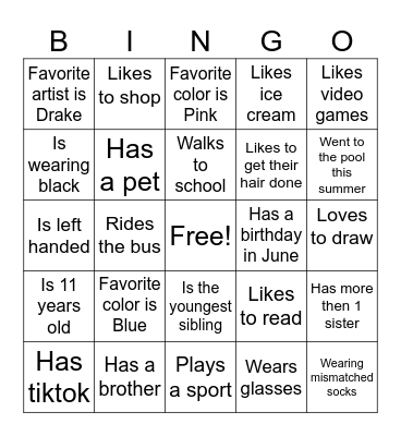 GET TO KNOW ME Bingo Card