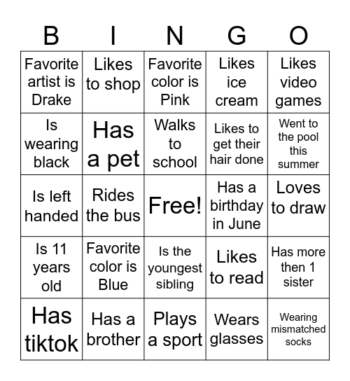GET TO KNOW ME Bingo Card