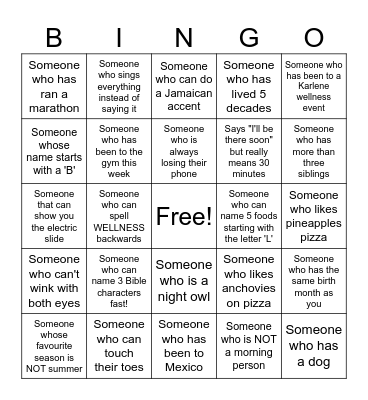 Karlene Fitness & Wellness Bingo Card