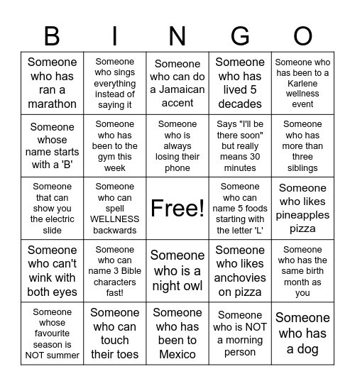 Karlene Fitness & Wellness Bingo Card