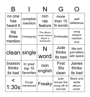 Rap Bingo Card