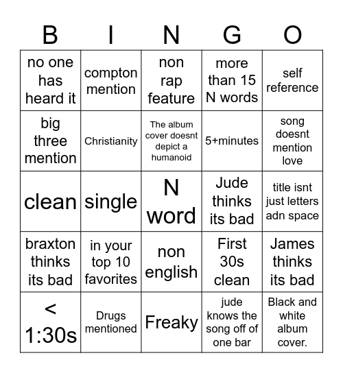 Rap Bingo Card