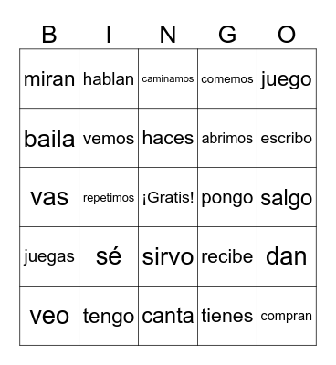 Verbos del presente Bingo Card