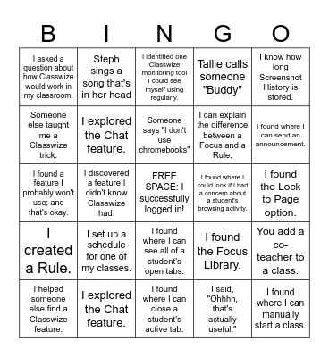 Classwize Training! Bingo Card