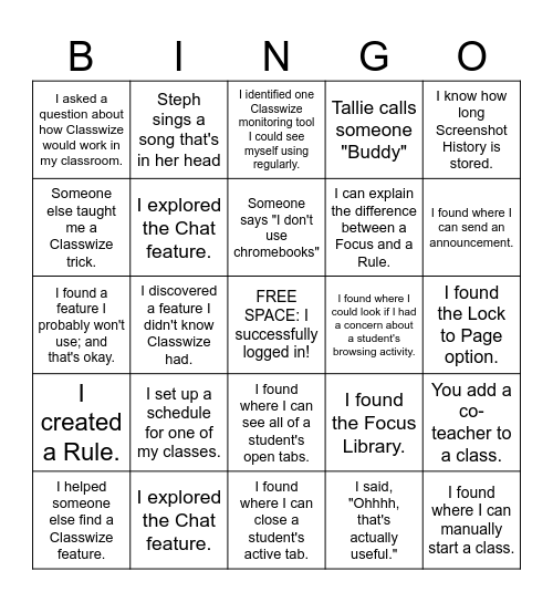 Classwize Training! Bingo Card