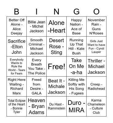 80s & 90s HIT SONGS Bingo Card