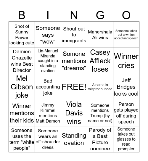 Academy Awards Bingo Card