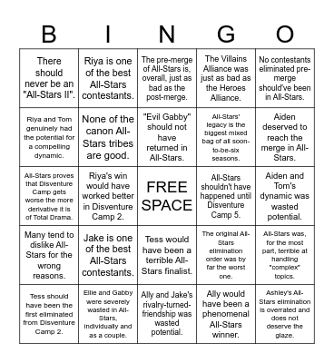 Disventure Camp 1 Hot Takes Bingo Card