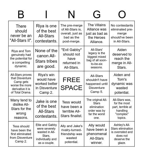 Disventure Camp 1 Hot Takes Bingo Card