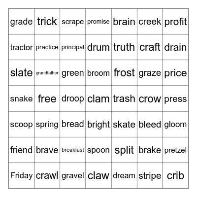2 & 3-Letter Consonant Blends Bingo Card