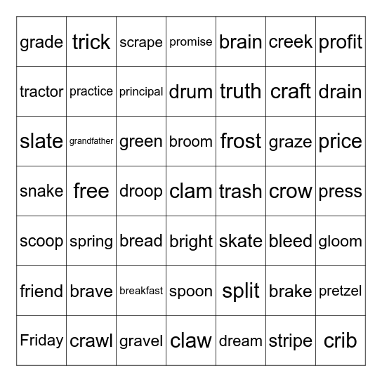 2 & 3-Letter Consonant Blends Bingo Card