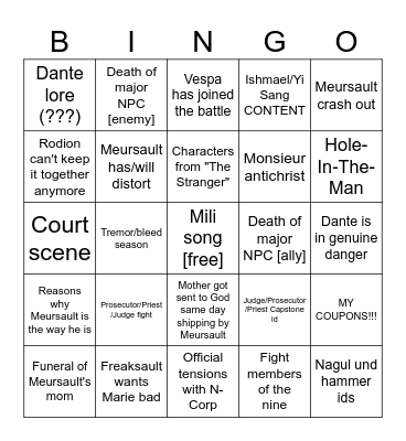 Meursault's Therapy Bingo Card