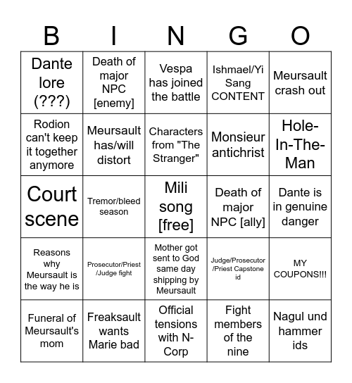 Meursault's Therapy Bingo Card