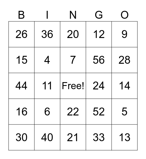 Math BINGO (1's, 2's, 3's, 4's) Bingo Card