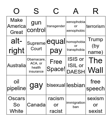 2017 Oscar Awards Bingo Bounty Bingo Card