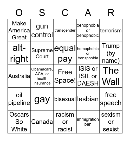 2017 Oscar Awards Bingo Bounty Bingo Card