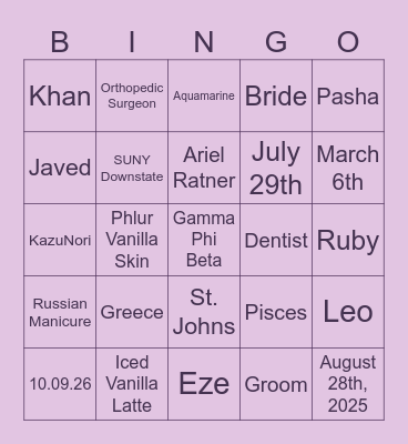 Bridal Shower Bingo Card