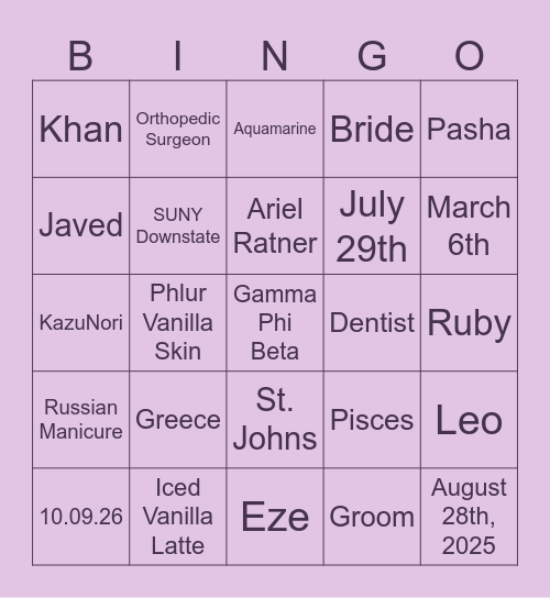 Bridal Shower Bingo Card