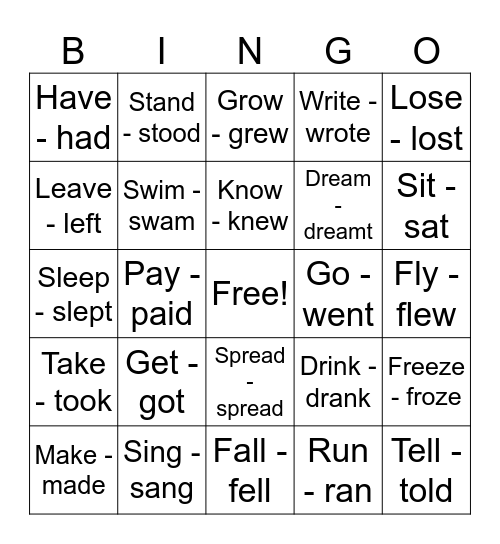 Irregular verbs - Simple past Bingo Card