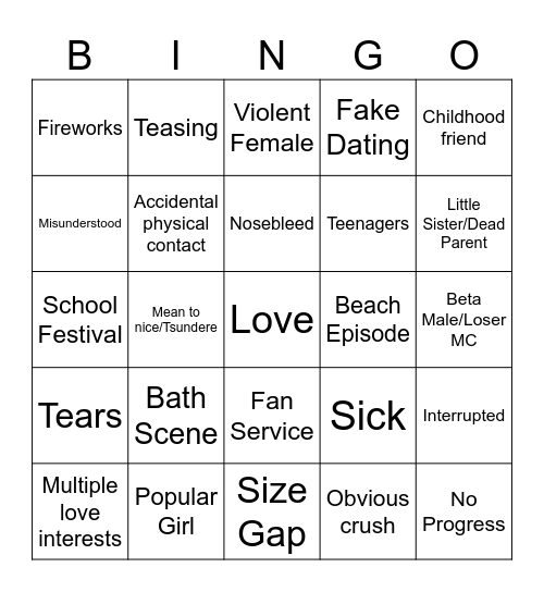 Romance Anime Bingo Card