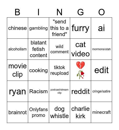 Instagram reels Bingo Card