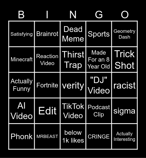 YouTube Shorts Bingo Card