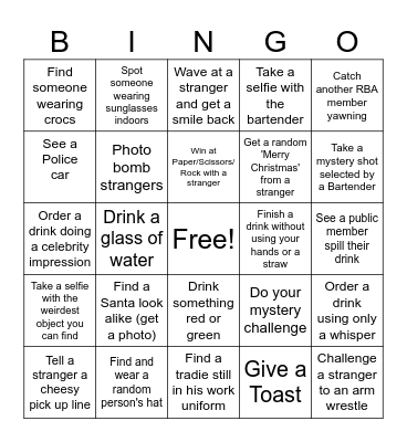 RBA Christmas Pub Walk Bingo Card