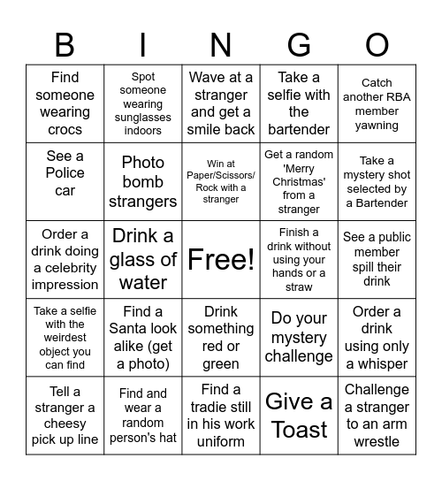 RBA Christmas Pub Walk Bingo Card
