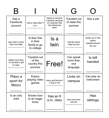 First Day of Class Bingo Card