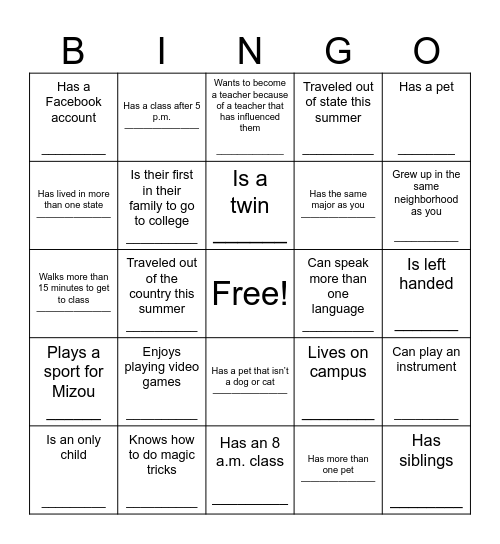 First Day of Class Bingo Card