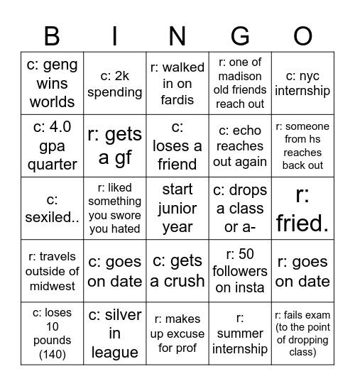 junior hahah Bingo Card