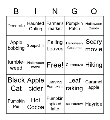 Fall Items Bingo Card