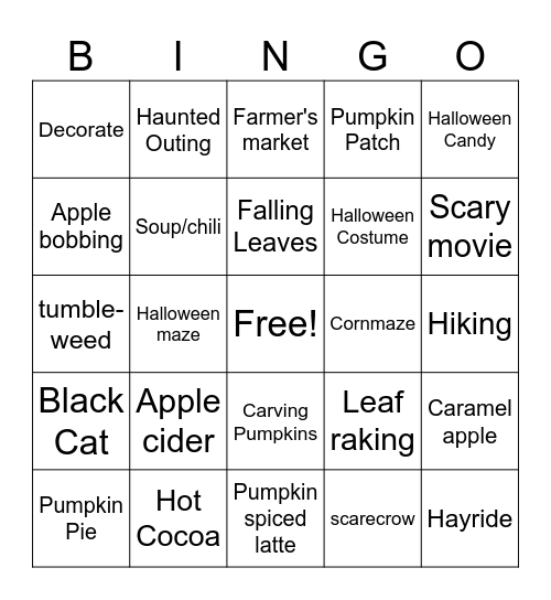 Fall Items Bingo Card