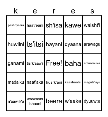 Aak'ume  Dzeeni Bingo Card