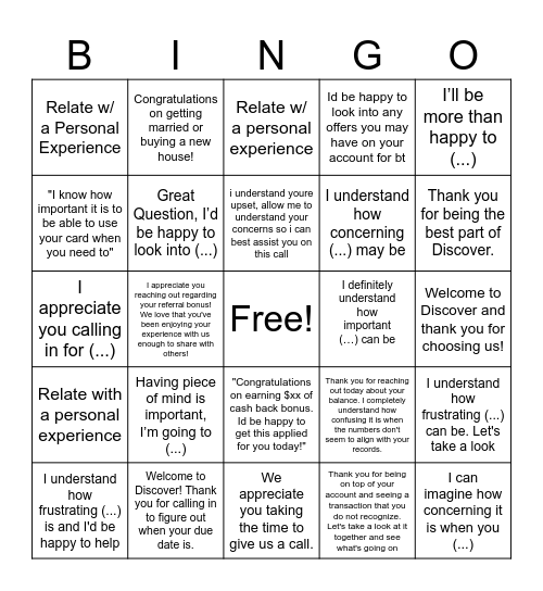 Acknowledgement Bingo! Bingo Card