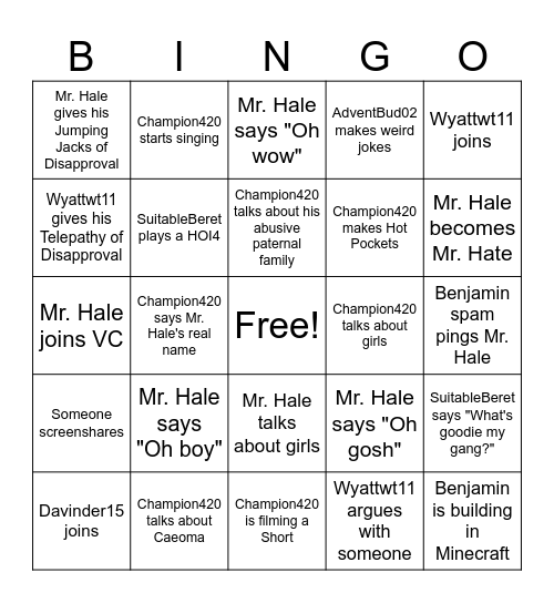 Yuak Nation VC Bingo Card